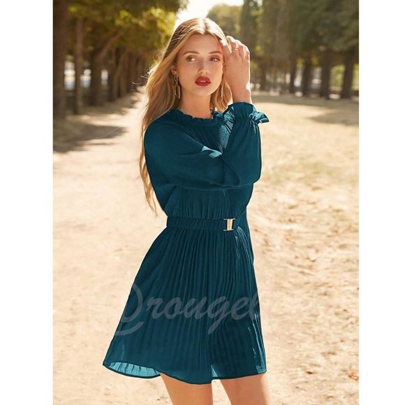 Teal Blue Boho Mini Pleated Dress Belted, Elastic - Picture 2 of 7